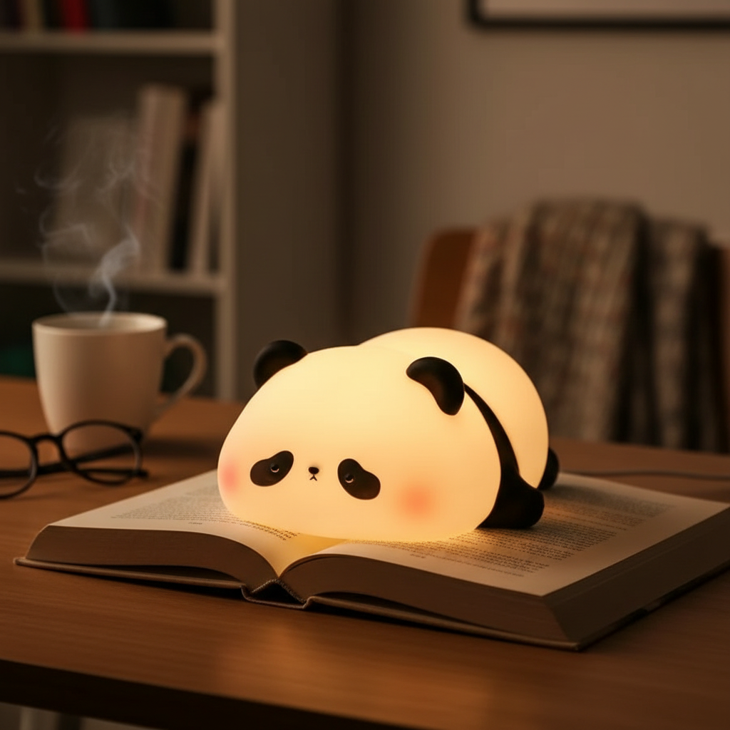 DreamySquish Panda Lamp on open book