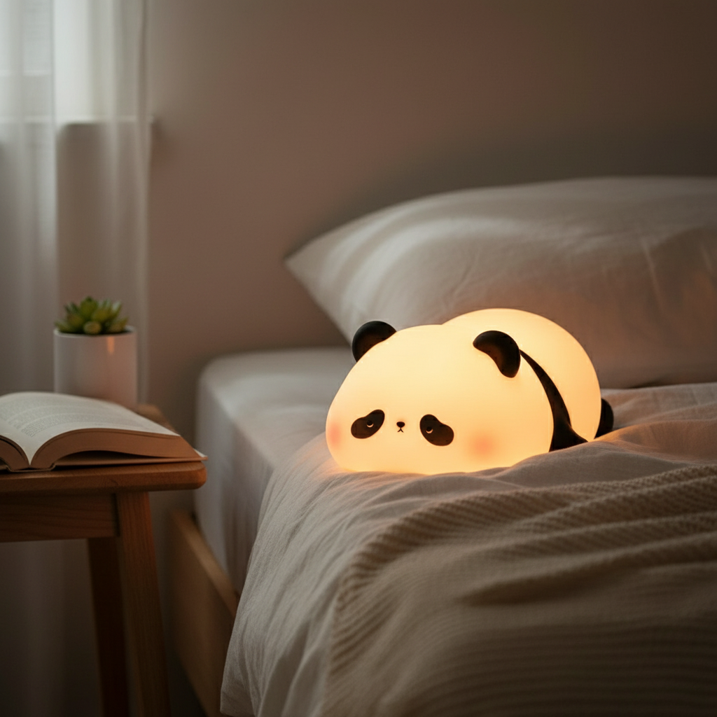 DreamySquish Panda Lamp in cozy bedroom setting
