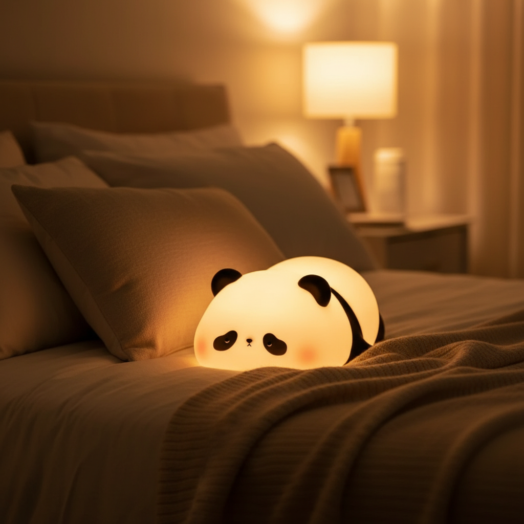 DreamySquish Panda Lamp on bed with cozy ambient lighting