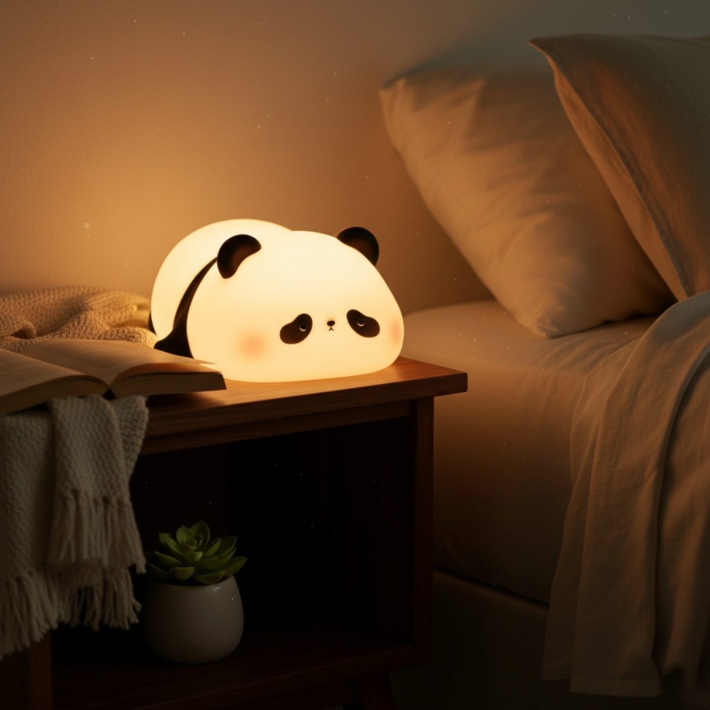DreamySquish Panda Lamp with cozy ambient room lighting